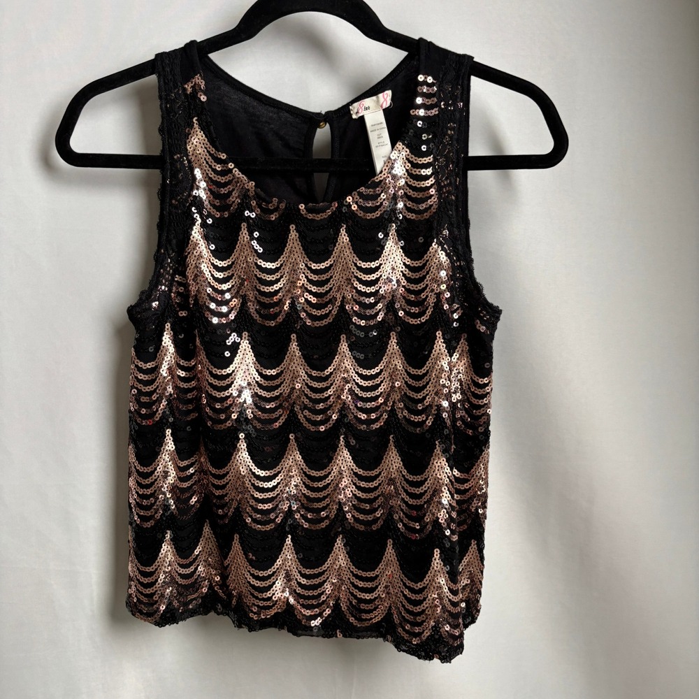 Gold Black Sequin Scallop Lace Trim Keyhole Tank Top L Art Deco Flapper Party